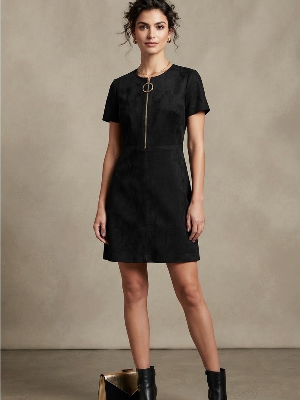 Calvin Klein Black Short-Sleeve Suede Dress with Front Zip Detail